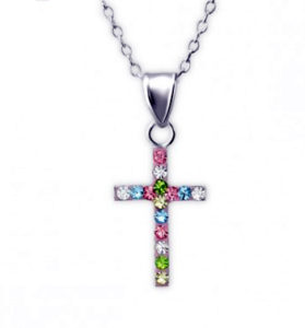Girls silver necklace with crystal cross pendant