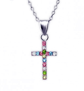Girls silver necklace with crystal cross pendant-0