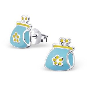 Girls blue and yellow purse stud earrings