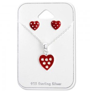 Girls red heart silver necklace and earrings set