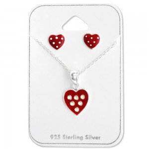 Girls red heart silver necklace and earrings set-0