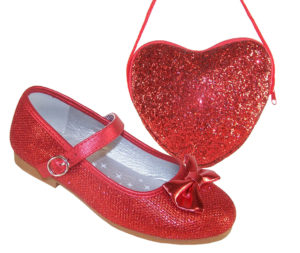 Girls red sparkly balllerina shoes with red heart shaped bag