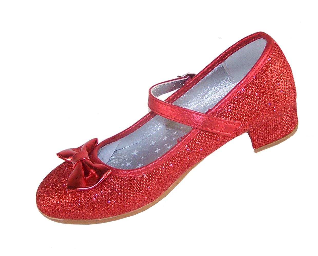 Girls red sparkly low heeled party shoes-3978