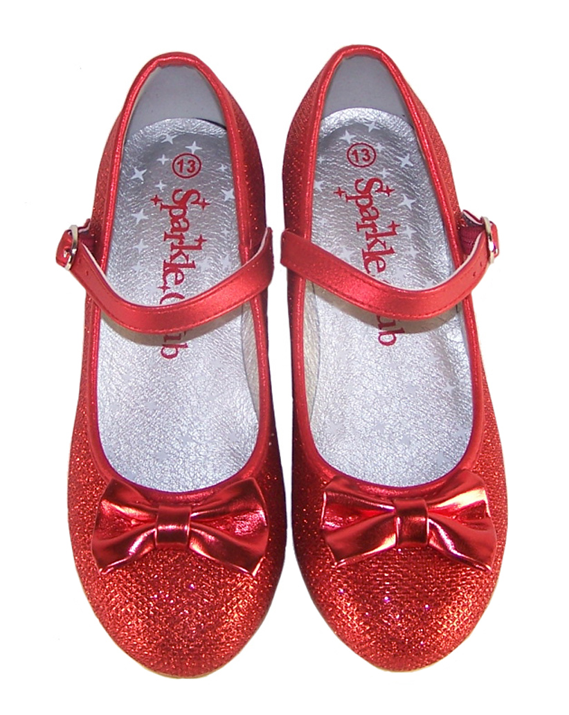 Girls red sparkly low heeled party shoes-3979