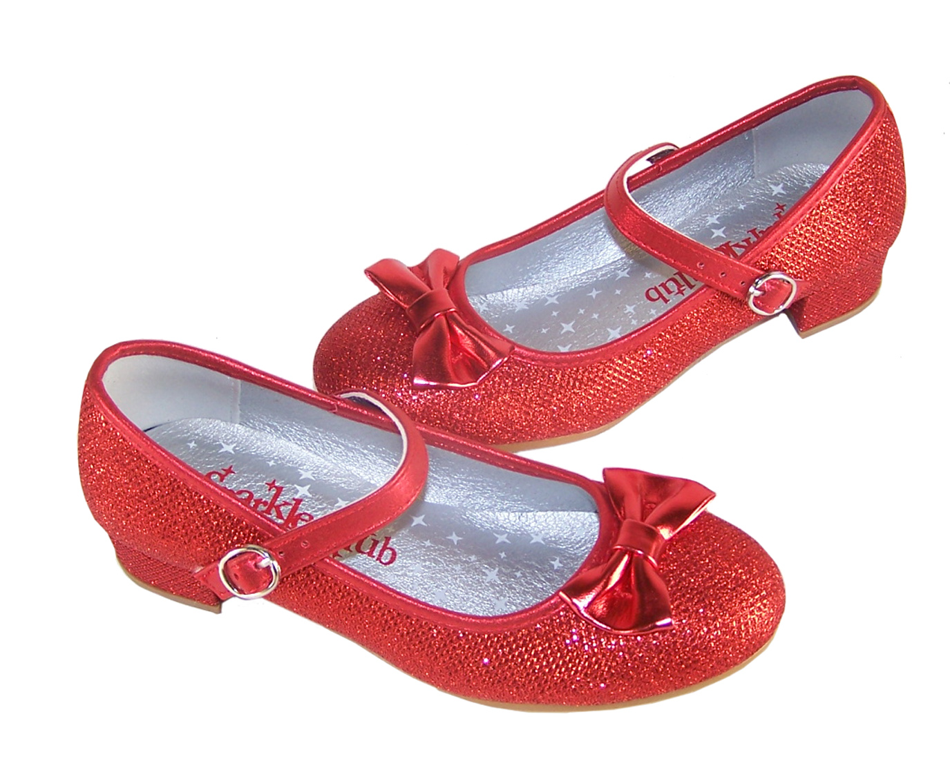 Girls red sparkly low heeled party shoes-3977