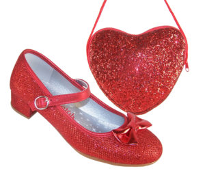 Girls red sparkly heeled shoes with red heart bag