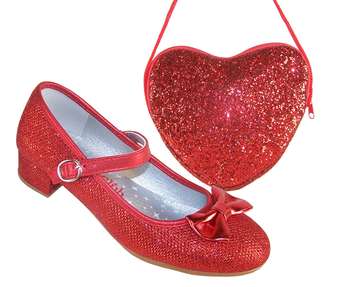 Girls red sparkly heeled shoes with red heart bag-0