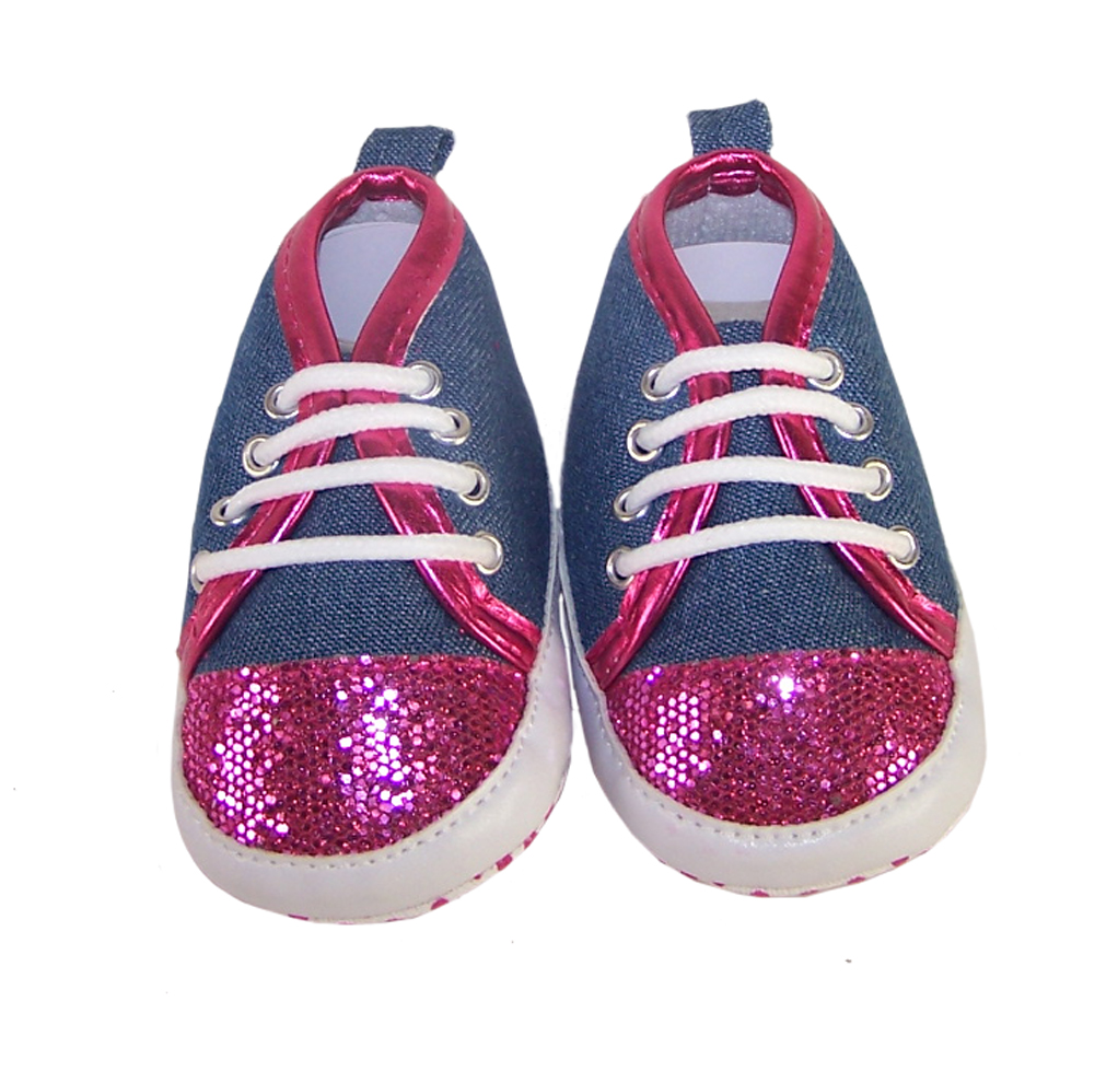 Baby girl denim and fuchsia pink sparkle trainers-3748