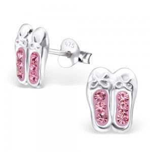 Girls pink ballet shoes crystal stud silver earrings
