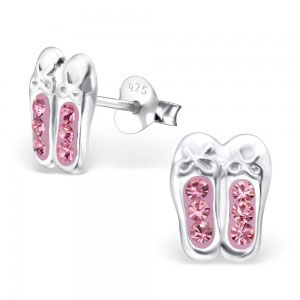 Girls pink ballet shoes crystal stud silver earrings-0