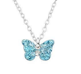 Girls silver necklace with blue crystal butterfly pendant