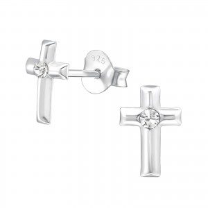 Girls crystal silver cross stud earrings