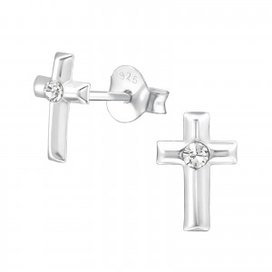 Girls crystal silver cross stud earrings-0