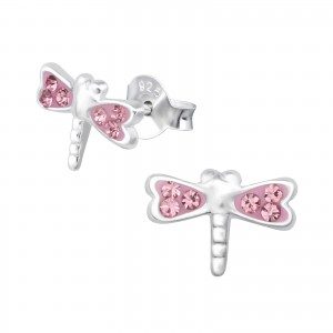 Girls pink crystal dragonfly stud earrings