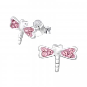 Girls pink crystal dragonfly stud earrings-0