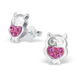 Girls pink crystal owl stud earrings