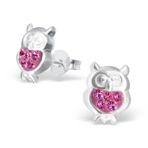 Girls pink crystal owl stud earrings-0