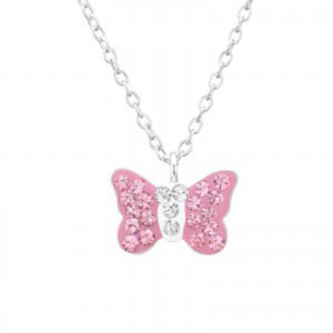 Girls silver necklace with pink Swarovski crystal butterfly pendant