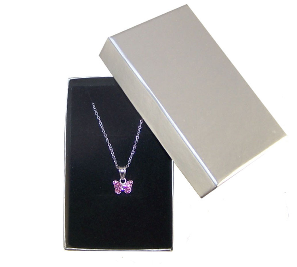 Girls silver necklace with pink Swarovski crystal butterfly pendant-3974