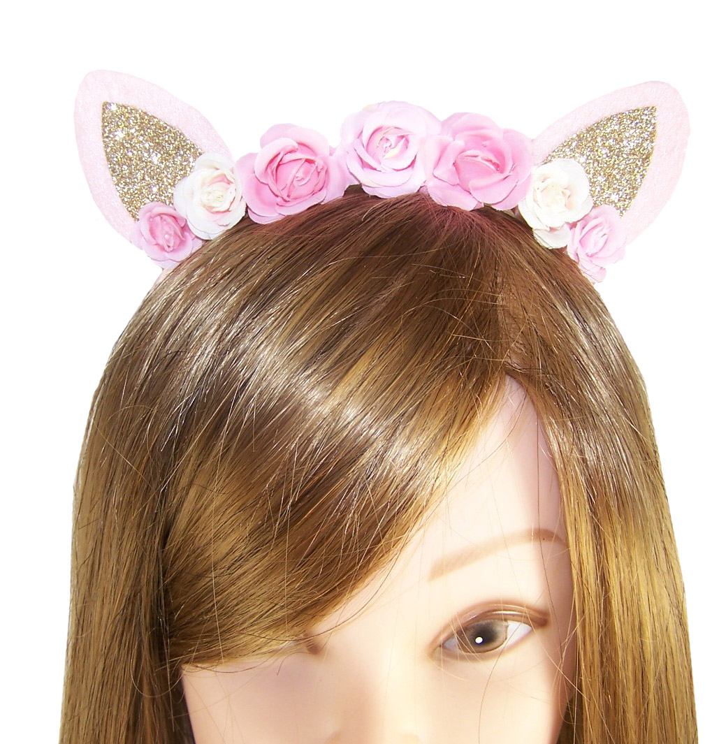 Girls pink tone flower and glitter ears design headband-4109