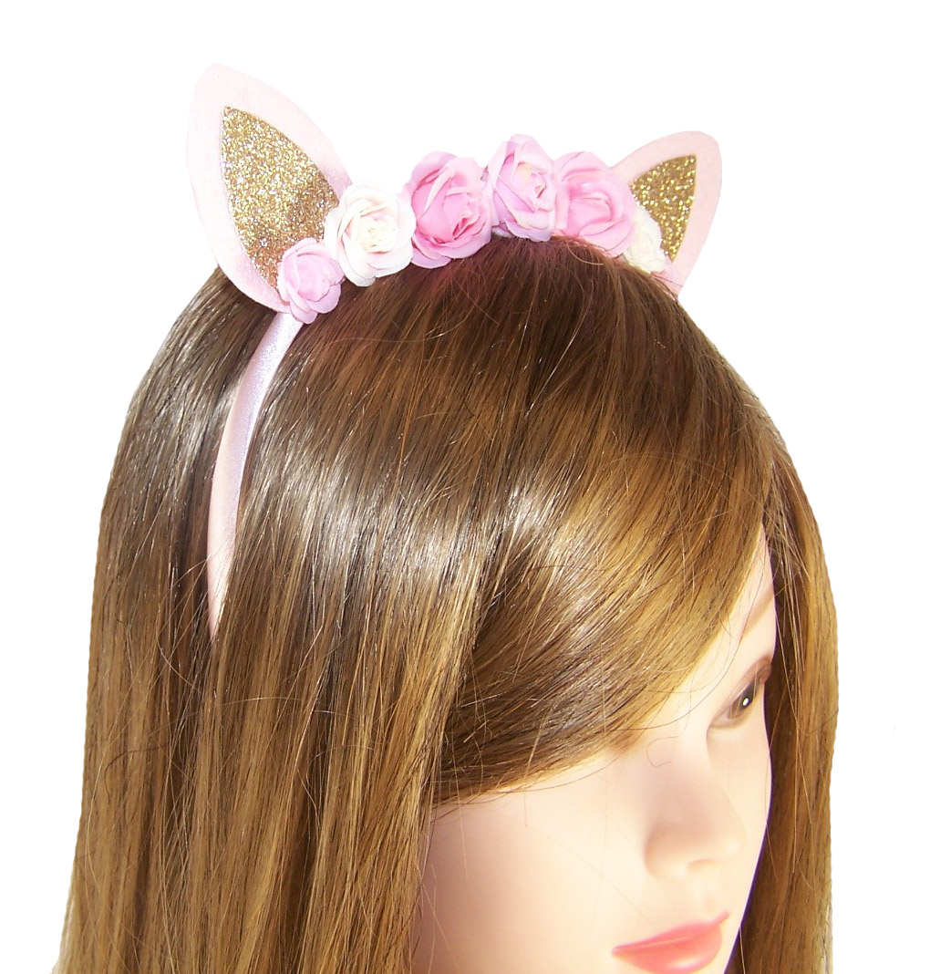 Girls pink tone flower and glitter ears design headband-4110
