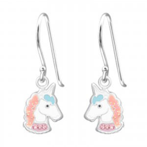Girls white and pink unicorn silver hoop earrings