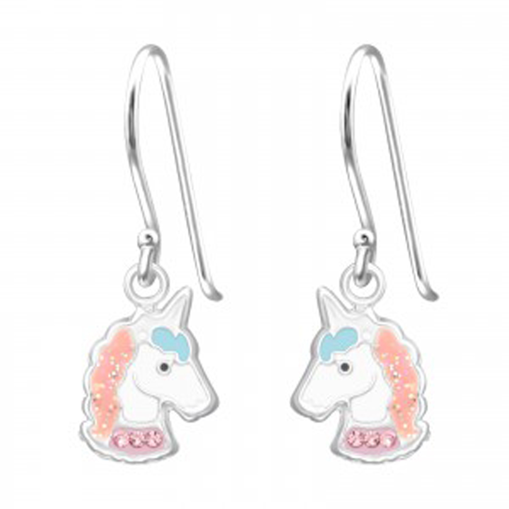 Girls white and pink unicorn silver hoop earrings-0