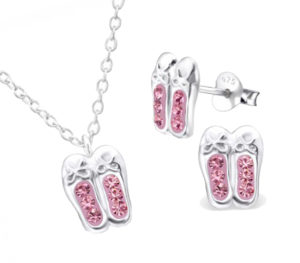Girls pink crystal ballet shoes 925 sterling silver necklace and stud earrings set
