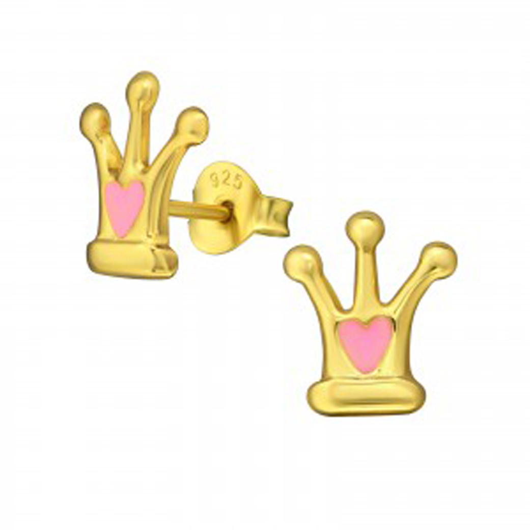 Girls 925 sterling silver gold plated crown stud earrings-0