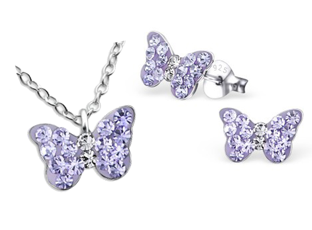 Girls sterling silver purple crystal butterfly necklace and stud earrings set-0