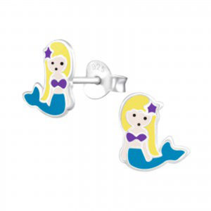 Girls blue and yellow mermaid silver stud earrings
