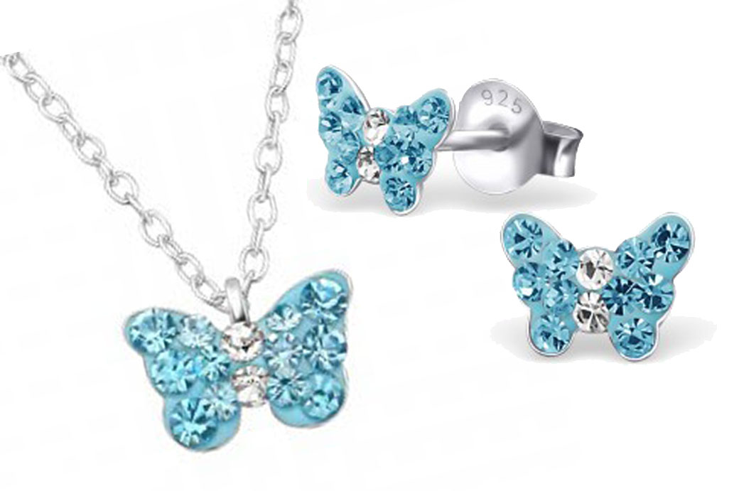 Girls silver blue crystal butterfly necklace and earrings set-0
