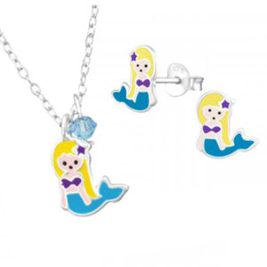 Girls sterling silver and epoxy mermaid necklace and stud earrings set