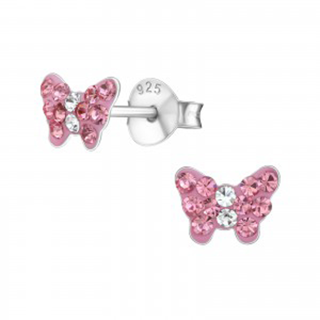 Girls pink crystal butterfly sterling silver necklace and earrings set-5036