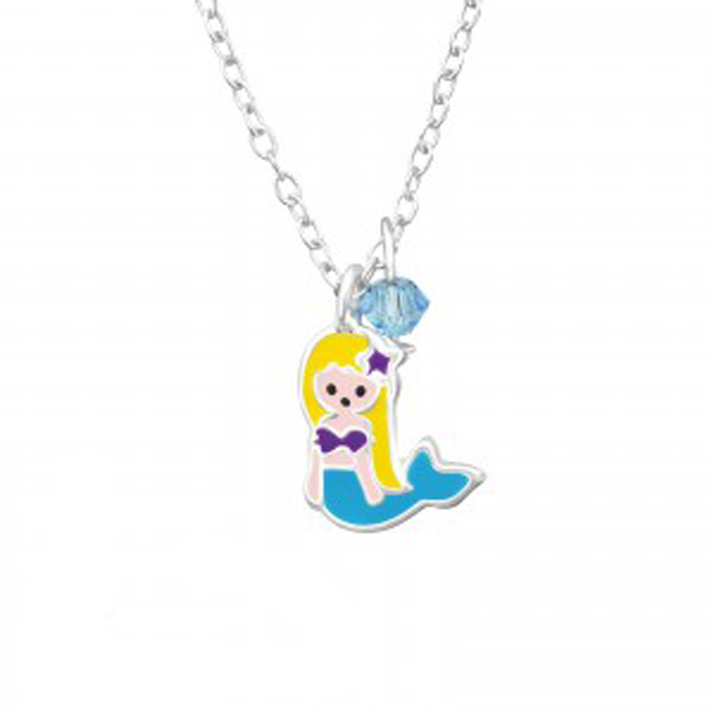 Girls sterling silver and epoxy mermaid necklace with a crystal from Swarovski -0
