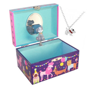 Childrens pets musical jewellery box and silver crystal dog necklace set