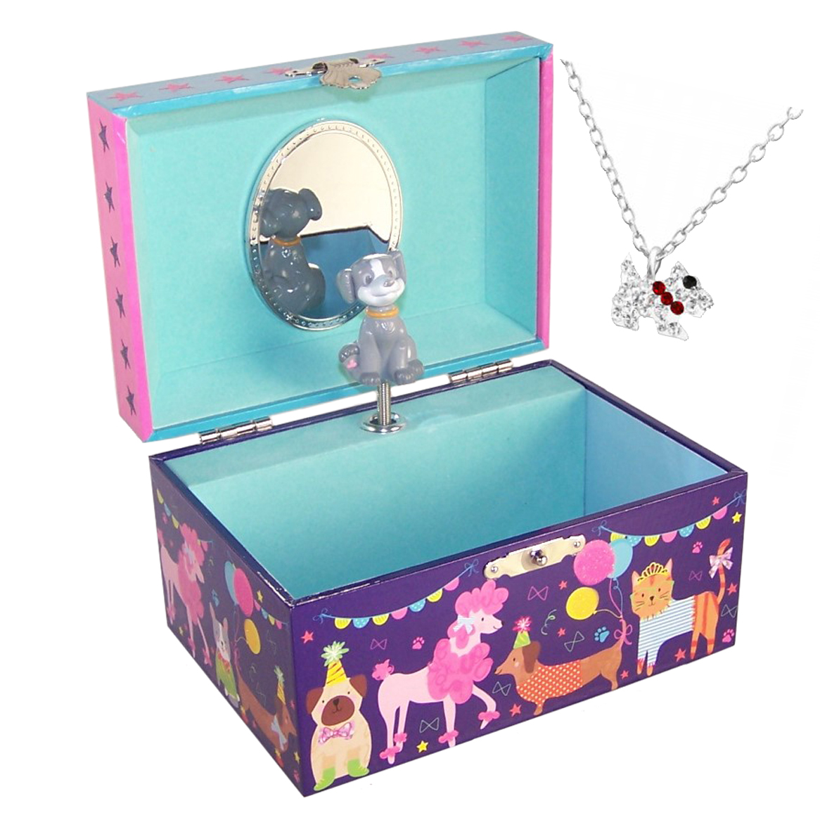 Childrens pets musical jewellery box and silver crystal dog necklace set-0