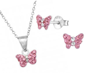 Girls pink crystal butterfly sterling silver necklace and earrings set