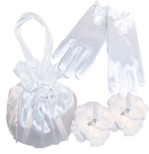 Girls white satin drawstring dolly bag and lace gloves set