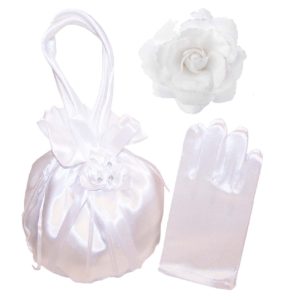 Girls white satin drawstring dolly bag and gloves set