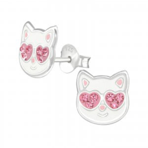 Girls white with pink crystals cat stud earrings