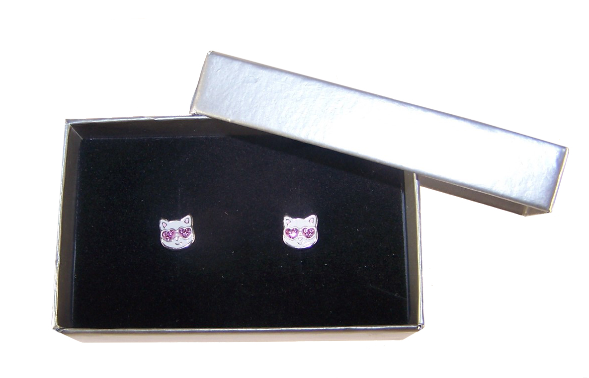 Girls white with pink crystals cat stud earrings-5295