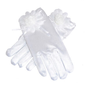 Girls white satin special occasion gloves with flower and ribbon trims