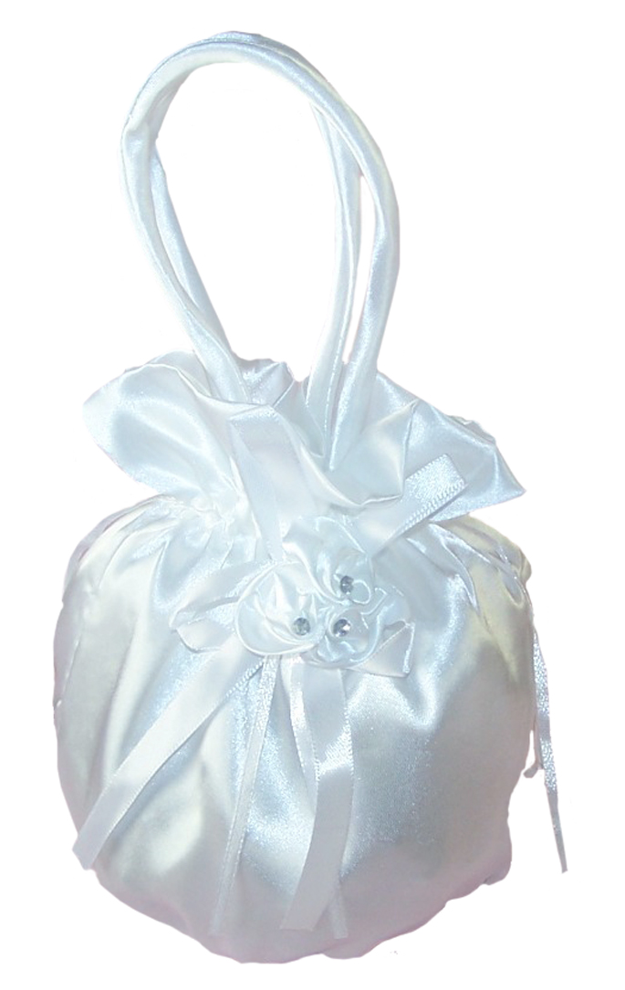 Girls white satin drawstring dolly bag and pearl gloves set-5336