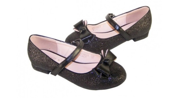 girls black glitter low heel party shoes
