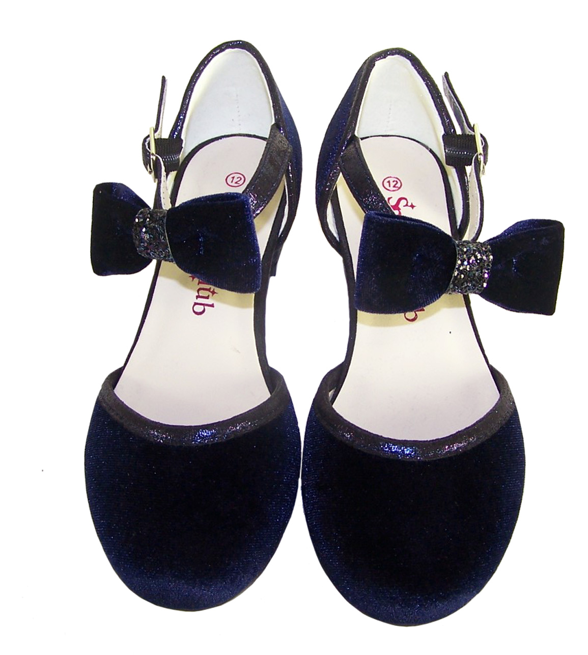 Girls dark blue velvet sparkly low heeled party shoes-5960