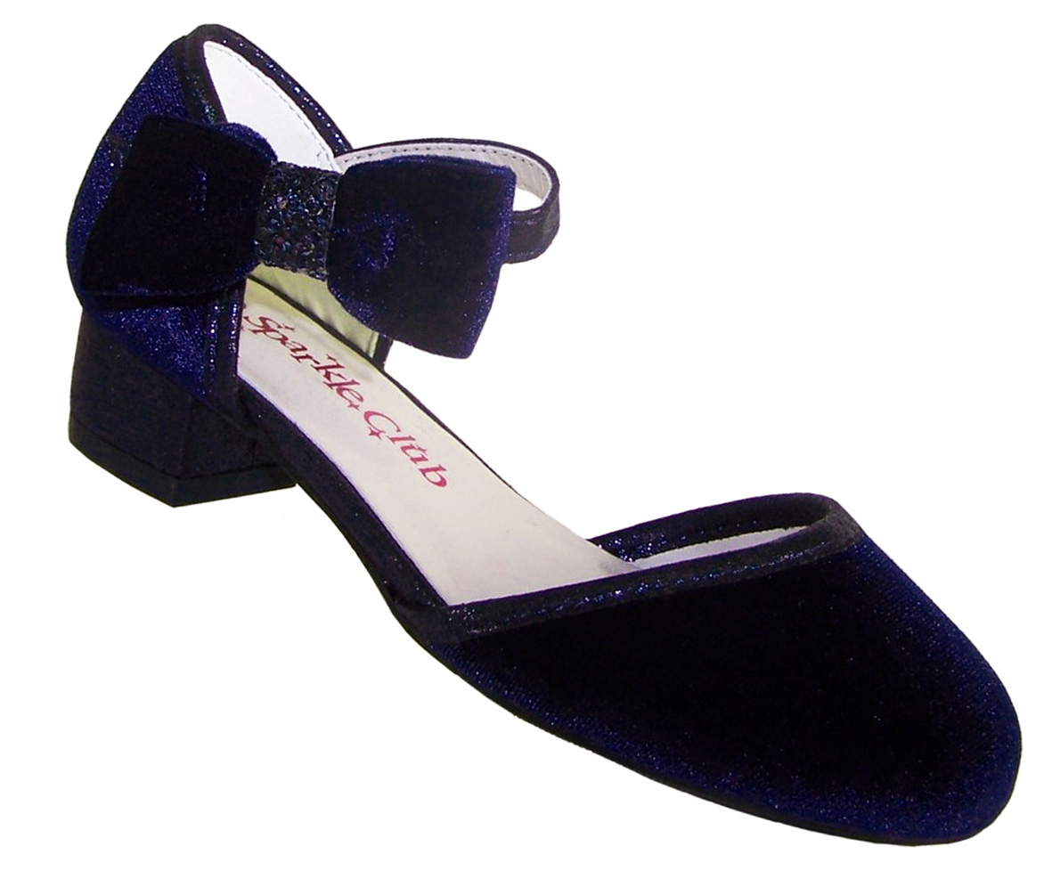 Girls dark blue velvet sparkly low heeled party shoes-0