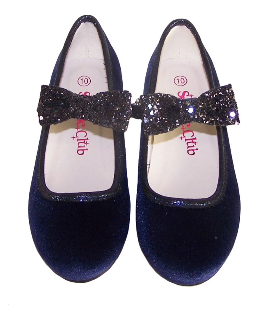 Girls dark blue velvet ballerina party shoes with matching glitter bag-5980