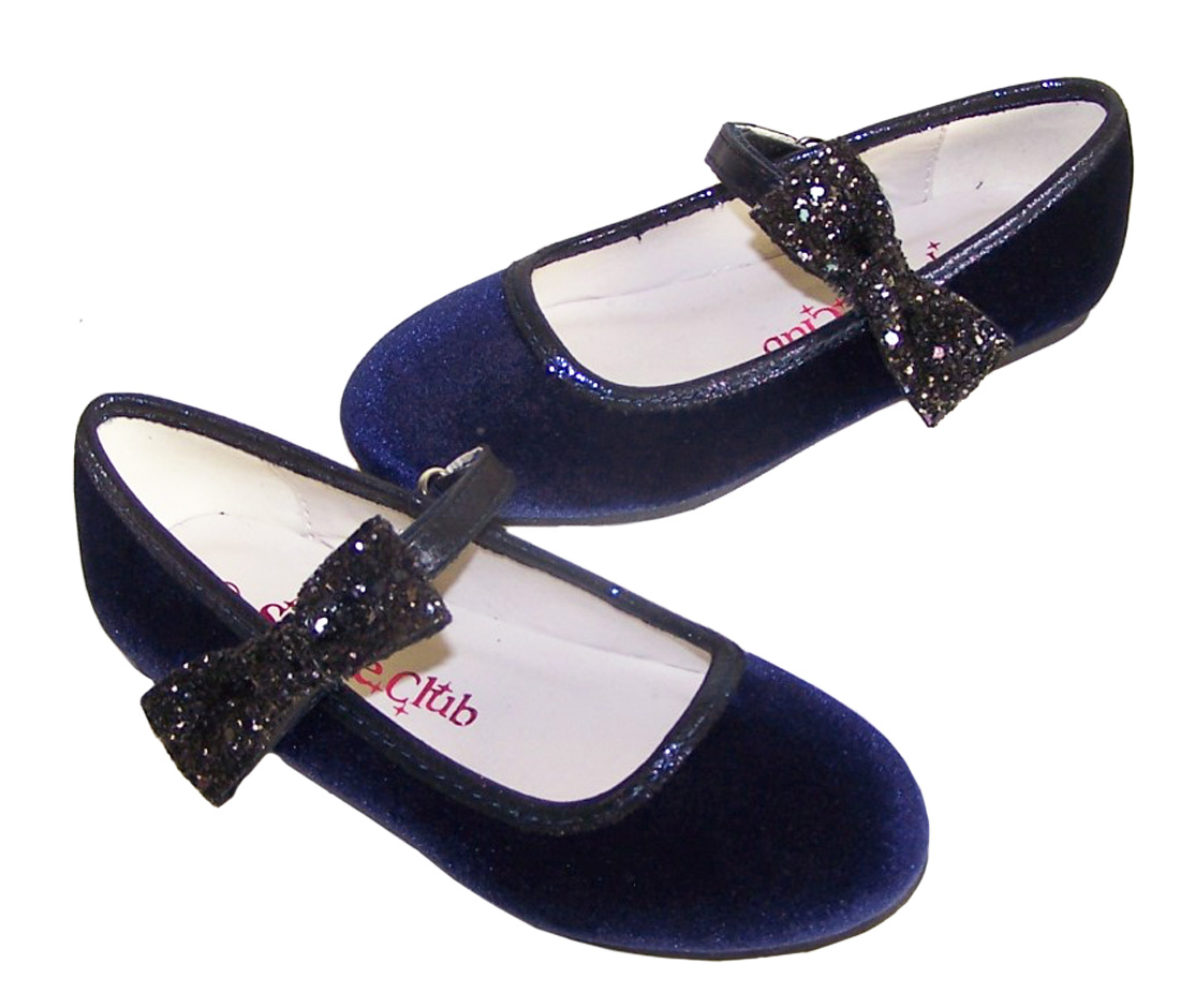 Girls dark blue velvet ballerina party shoes with matching glitter bag-5977