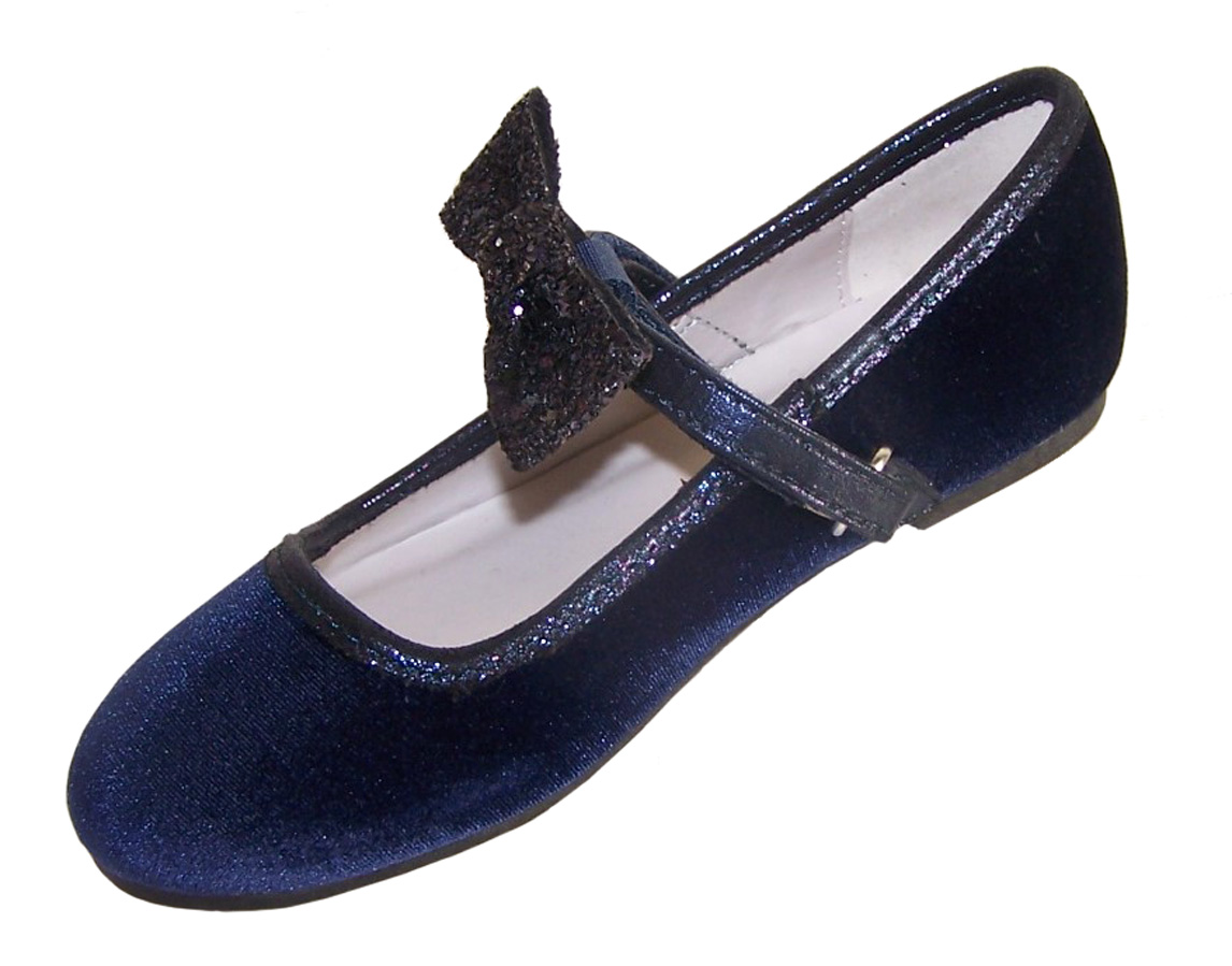 Girls dark blue velvet ballerina party shoes with matching glitter bag-5976